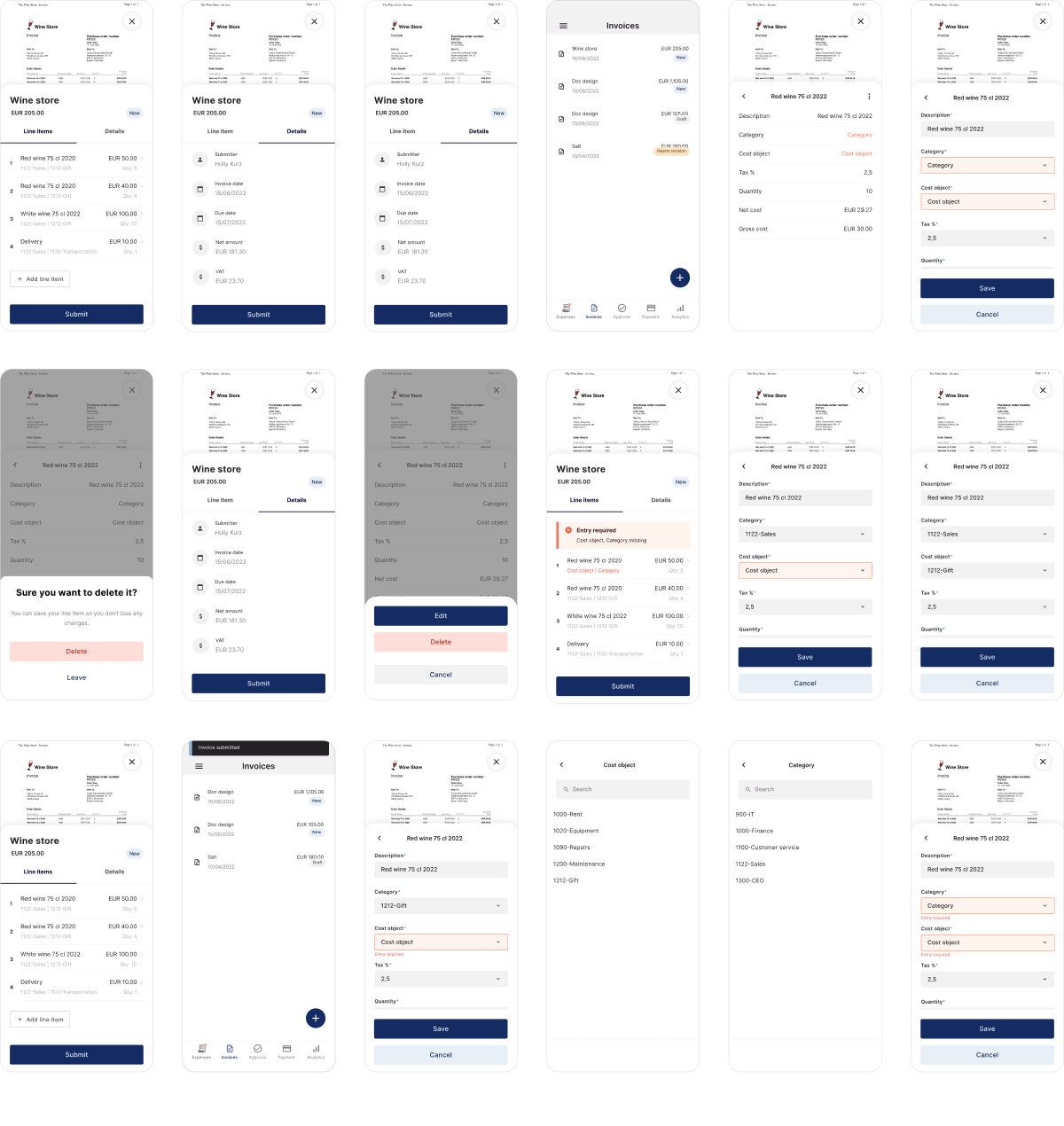 Split-screen prototype — all screens overview